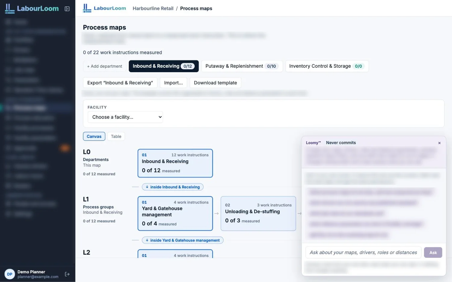 LabourLoom with the Loomy assistant open beside a process map